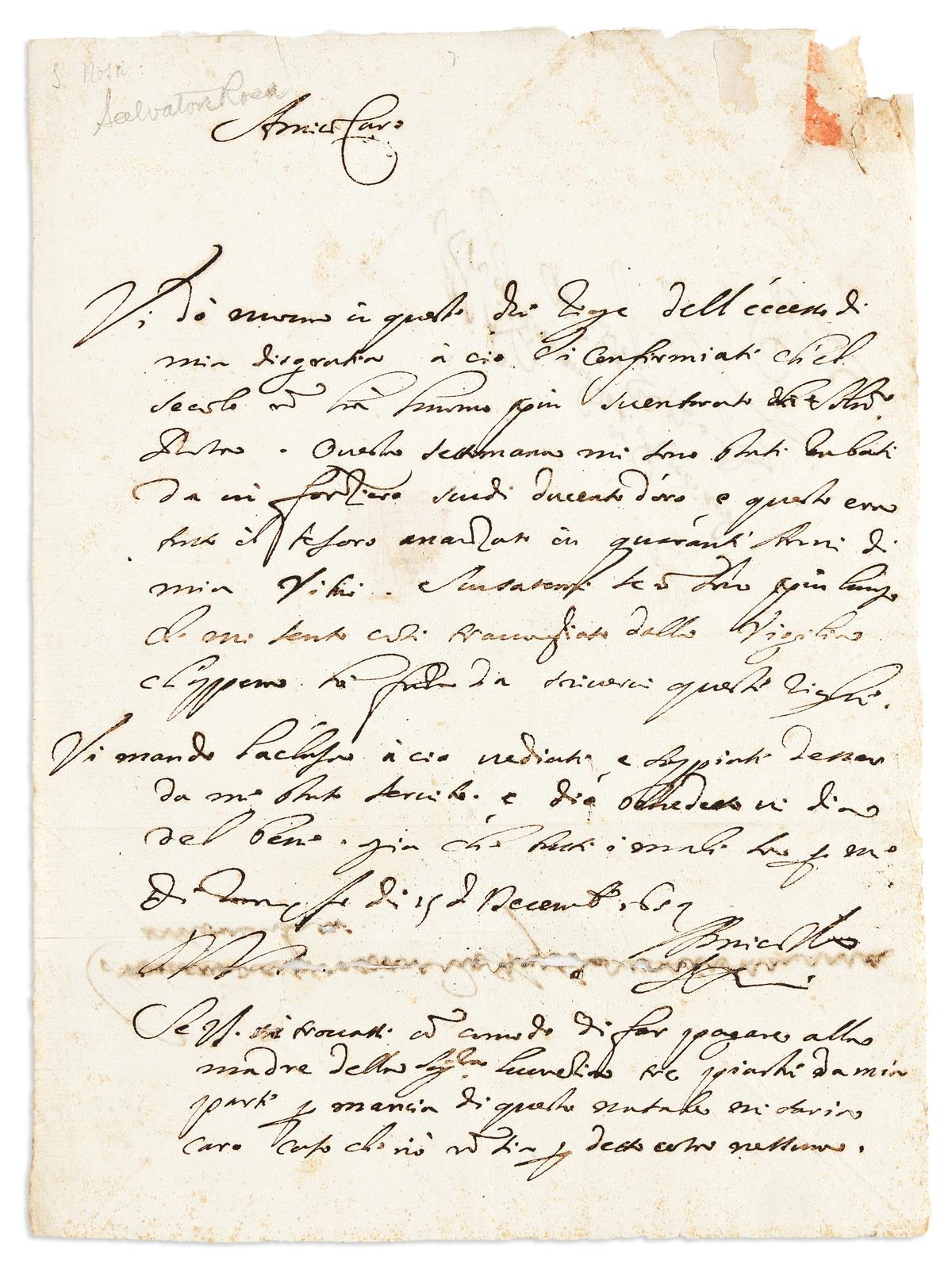 ROSA, SALVATOR. Autograph Letter Signed, SR, to poet Giovan Battista Ricciardi, in Italian,